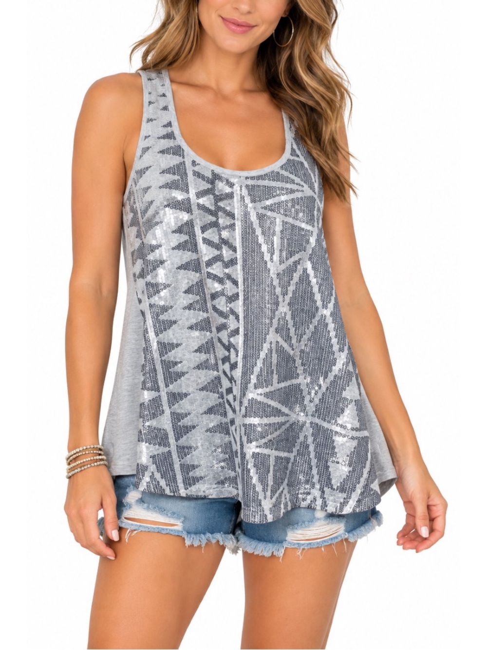 Vanity sleeveless gray tank top featuring a soft, lightweight fabric & sequins